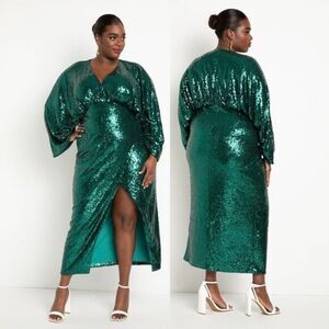 Women's Cocktail Dolman Green Sequin Stretch‎ Party Dress Eloquii Size 16